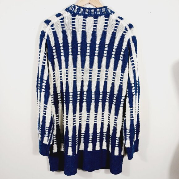 Lafayette 148 New York Cotton & Silk Cardigan, Blue & White Geometric, Size MED - Picture 4 of 14